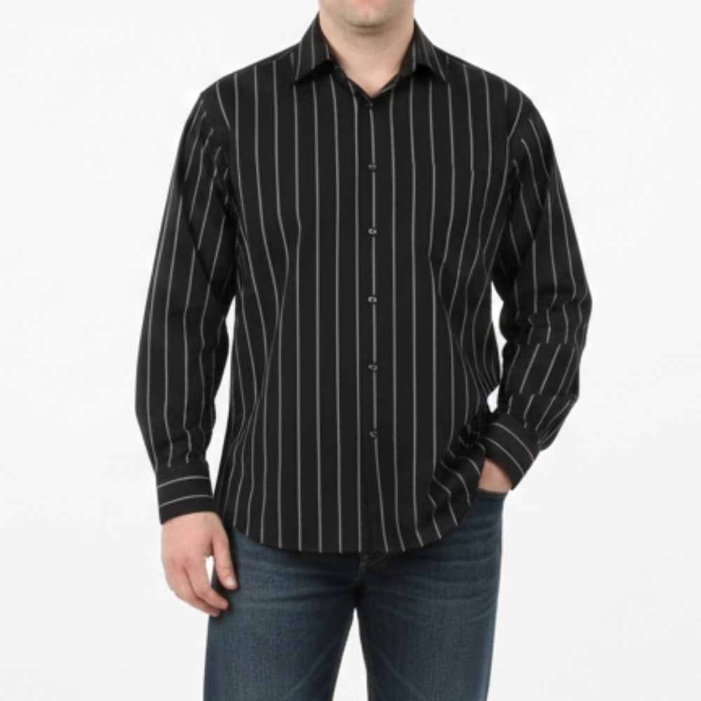 3/$20 Perry Ellis Casual Button Down Shirt Black Striped Long Sleeve Mens Large